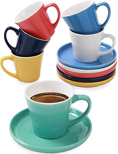 Set van 6 Espresso Kopjes Kleurrijk met Schotels - Keramisch - Houdt Lang Warm - Moderne Kleurenmix - Geschenkverpakking - 70ml