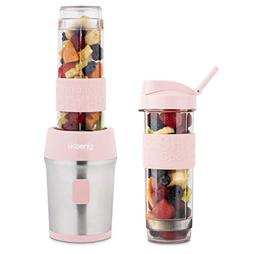 H.Koenig Mini Blender/Smoothie Maker Compact SMOO12, 570 ml, BPA-vrij, 300W, 2 flessen met reisdeksel, 4 roestvrijstalen messen, Pastelroze