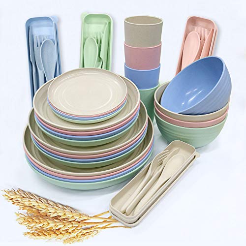 28 stuks tarwe stro servies sets, lichtgewicht borden kommen kopjes lepel en vork set, onbreekbaar servies set voor picknick party BBQ bruiloft camping (28 stuks)