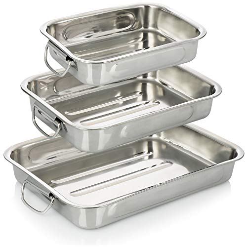 COM-FOUR® 3-delige braad- en bakpannenset - roestvrijstalen braadpan met handgrepen - roestvrijstalen braadpan voor koken en bakken - ovenschaal (zilver - 3 delen)