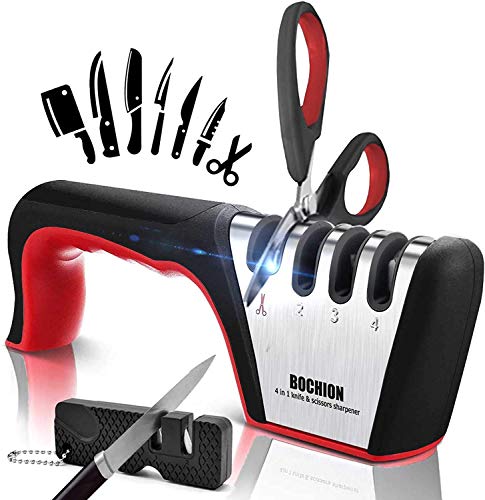 BOCHION Handmatige Messenslijper - 4 in 1 Professionele Messen slijper - 4 Standen - Verschillende Slijpkoppen voor Scharen en Keukenmessen van Groottes, met 2 in 1 Mini Slijper