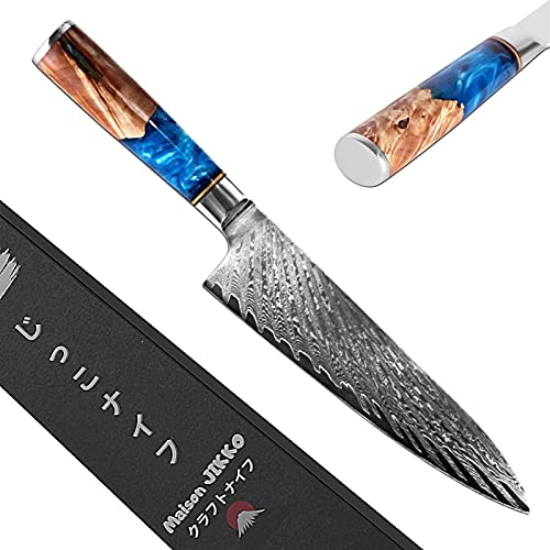 Jikko® Koksmes van Japans damaststaal, 33 cm, keukenmes met handvat van esdoornhout, buitengewone scherpte en hardheid, Japanse productie, HRC60 goedgekeurd
