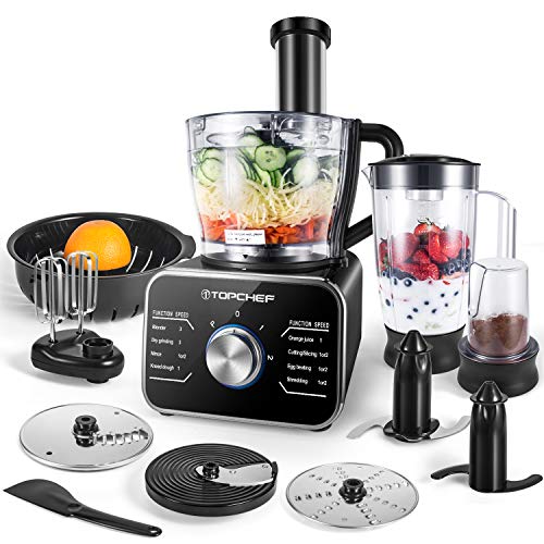 TOPCHEF Keukenmachine 1100 W Compacte Keukenmachine (met Accessoires Zoals: Kneedhaak, Blender, Citruspers en Koffiemolen), Inhoud 3,5 l, Zwart.