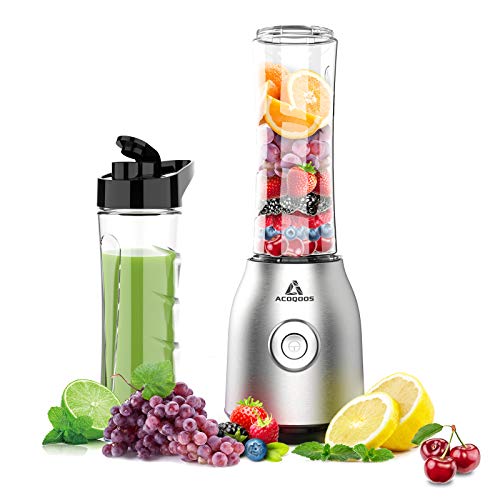Acoqoos Smoothie Mixer, mini blender voor smoothie, shakes, ijs en diepvriesvruchten, met 2 Tritan BPA-vrije 600 ml mengbekers, EU-stekker, 400 W