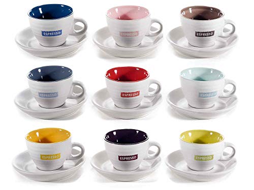 Espressokopjes van keramiek, 70 ml, 9 stuks, tweekleurig met opschrift "Espresso" en bijpassende schoteltjes.