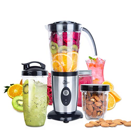 Blender Mixer Uten Smoothie Maker, jam, ice-crush, vruchtensap, vlees, hakmolen/impuls, elektrisch roestvrij staal, professionele blender met 600 ml sportflessen voor thuis, kantoor, camping