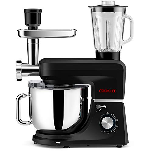 Keukenmachine, 1500 W, 8 liter, COOKLEE 6-in-1, elektrische kneedmachine, standmixer, 10 + 1 snelheid, levensmiddelenmixer, deegmixer met deeghaak, kom, racket, garde en deksel en 9 accessoires