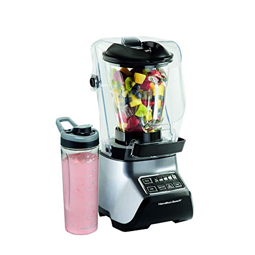 Hamilton Beach SoundShield Blender, 55% Minder Geluid, 950 W, 3 Voorinstellingen, Smoothie, Ijsgruis, Glazen Kan 1.5 L, Onbreekbare Persoonlijke Kan 0.6 L, Zilver (53602-CE)