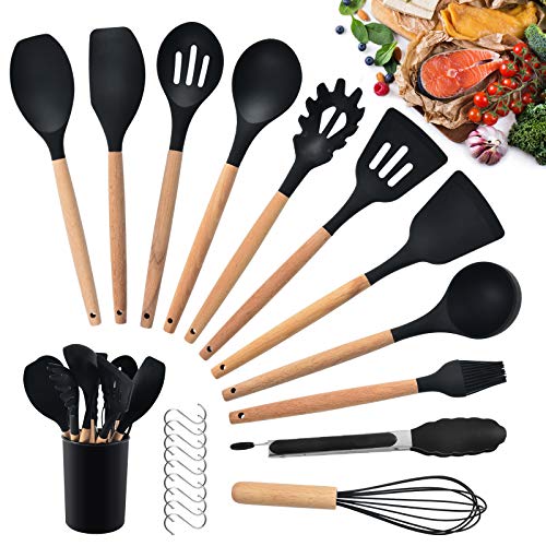 HALOVIE Keukengerei Sets Kookgerei Set Siliconen Spatel Keuken Gereedschap & Gadgets Spatels voor het koken Non Stick Hittebestendig Kookgerei (Zwart)