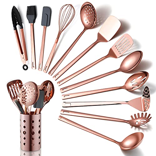 HOMQUEN Set keukengerei van koper, 13-delig kookgerei van roestvrij staal met titanium roségouden coating, set keukengerei met gebruiksvoorwerpen houder voor anti-aanbak-kookgerei (13 verpakkingen)