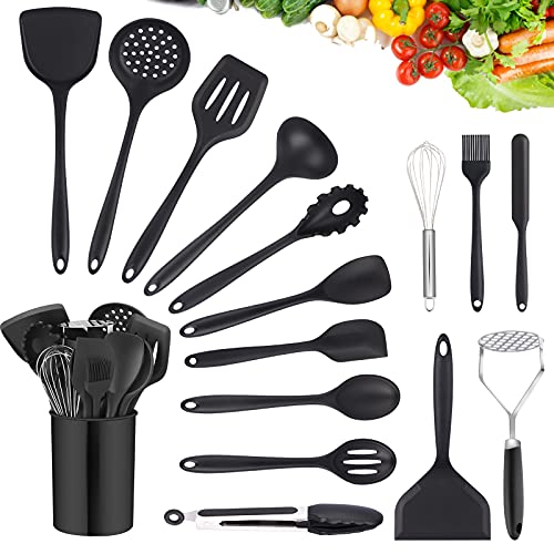 Beeptrum Keukengerei Set,16 stks Siliconen Keukengerei, Hittebestendige Kookgereedschap Set Inclusief Aardappel Masher Turner Tang Spatel Lepel voor Nonstick Kookgerei (Zwart)