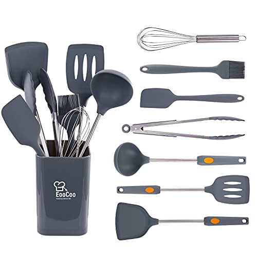 EooCoo siliconen keukengerei set, 8 stuks 428°F hittebestendige kookgerei set met soeplepel, spatel, sleufdraaier, draaispatel, garde, tang, gebakborstel, houder - grijs
