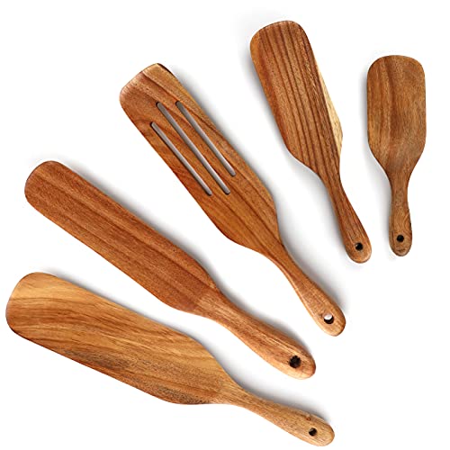 Brynnl Houten spurtle-set, 5-delig spurtles-keukenapparaat, teak-kookgerei set met ophanggat, houten spatelsets voor roeren, mengen, serveren, hittebestendig en anti-aanbaklaag