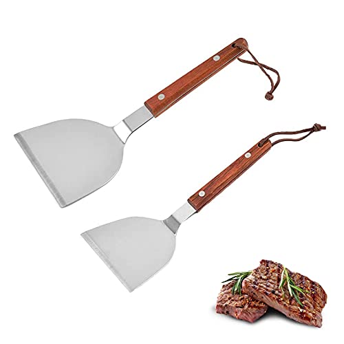 2 Stukken Teppanyaki Spatels Roestvrijstalen BarbecueschepBBQ-Spatel Bakplaat Spatel Platte Barbecue Schop Houten Handvat Grill Turner Grillspatel met Antiaanbaklaag voor Teppanyaki, Burger, Steak (2 Maten)