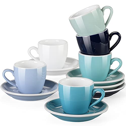 LOVECASA Porseleinen Espresso Kopjes met Schotels - 80 ml - Set van 6, Cool Assorted Colors Cup & Schotel Sets
