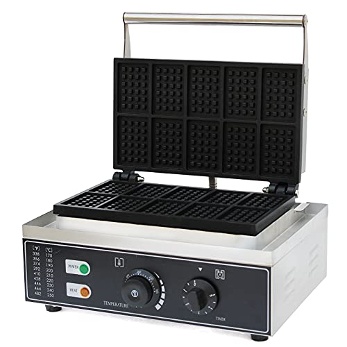 1500 W, commerciële wafelmachine, 10 schijven, vierkant met tijd- en temperatuurregeling, anti-aanbakpan, wafelijzer, maker, signaalverlichting, elektrische wafelgrill