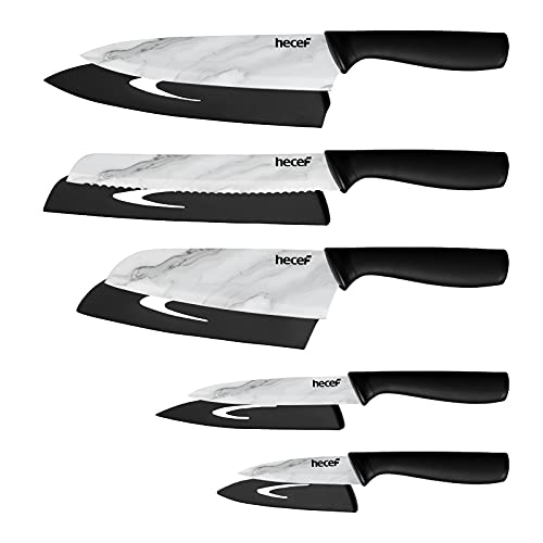 Hecef Keukenmes Set met Wit Marmer Patroon, Non-stick Keramische Coated RVS Blades met Beschermende Sheaths, Chef Mes Set voor Keuken, Restaurant, Camping en Thuis