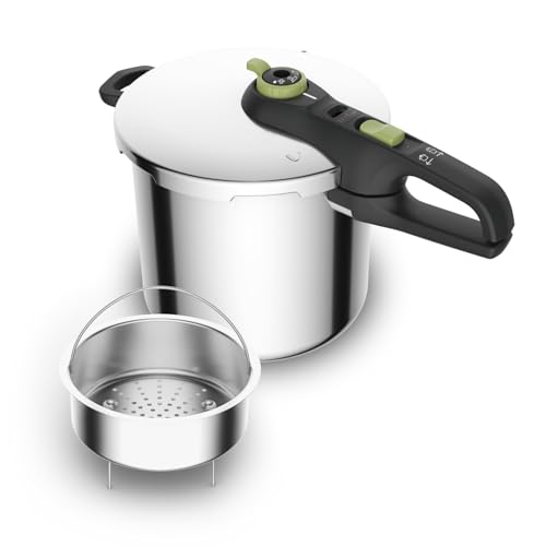 Tefal P2584402 Secure Trendy snelkookpan, 8 liter, met mand, 2-traps regelaar: intensieve stand 117 °C, spaarstand 112 °C, inductie-capsulebodem, voor alle warmtebronnen, roestvrij staal, zwart/groen