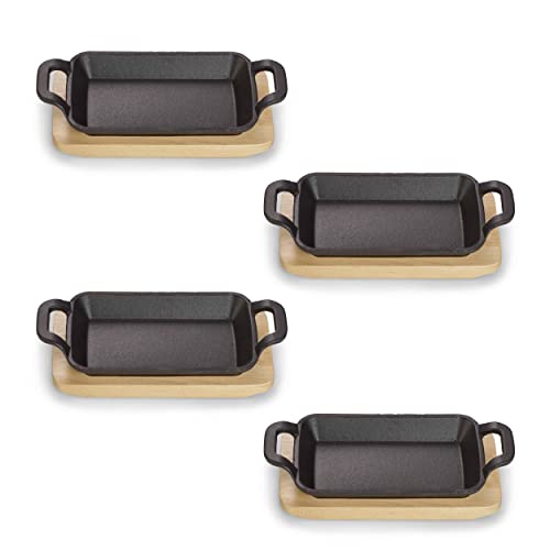 ECHTWERK Serveerschalenset van gietijzer, serveerschaaltjes, mini-ovenschaal met serveerplank, al ingebrand, geschikt voor oven, barbecue en BBQ, ideaal voor koken en serveren, Ø 10 cm, 4-delig