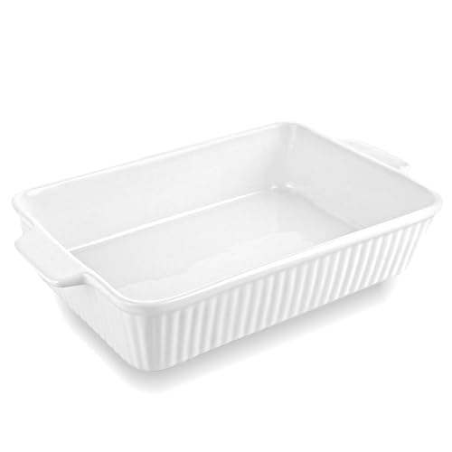 AKOLAFE Grote keramische ovenschaal, 3 liter, 38 x 23 x 7,3 cm, XXL lasagne, grote ovenschaal, vierkant, keramiek met handgrepen, witte langwerpige ovenschaal, magnetronbestendig, voor 4-6 personen