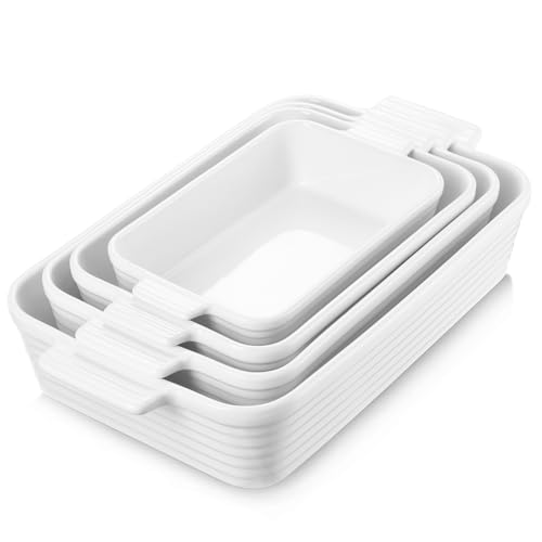 Jassceram Keramische ovenschaal, set van 4 diepe rechthoekige lasagne pan bakvormen met handgrepen, grote porseleinen oven, veilige bakvormen voor het koken, brownie-banket