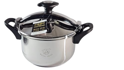 Royal Swiss Snelkookpan van roestvrij staal, 8 l, supersnelle snelkookpan, 8 l, verstelbaar afvoerventiel, eenvoudig te openen, energiebesparend, 5 veiligheidssystemen, PFOA-vrij, voor alle
