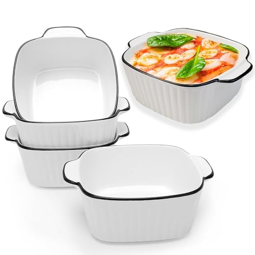 Keramische ovenschaal, 400 ml, set van 4 kleine ovenschaal met handgrepen, 14,9 x 11,5 x 5,7 cm, kleine keramische ovenschaal, kleine keramische bakvorm, voor oven, magnetron